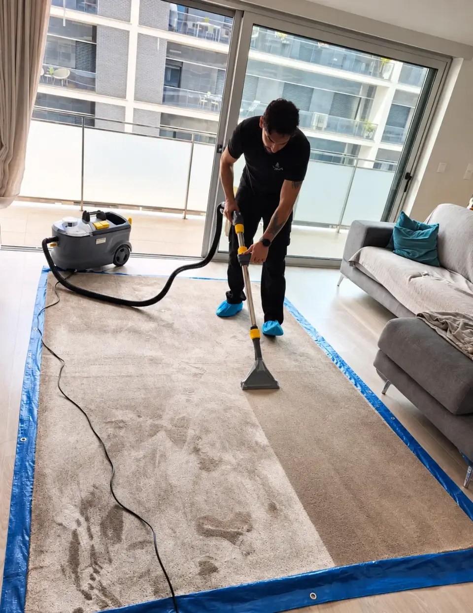 Eduardo, de farda da Glanor Clean, a limpar um tapete cinzento: metade já limpa, metade ainda suja
